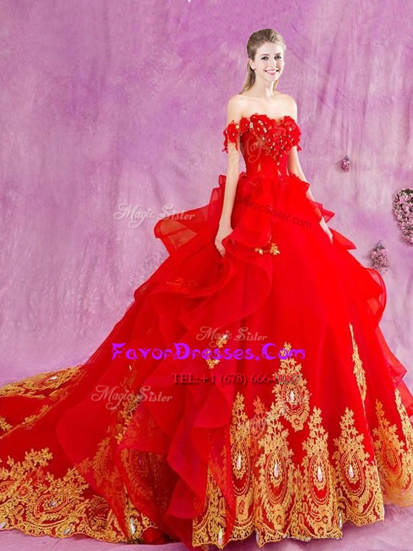 High End Off The Shoulder Sleeveless 15th Birthday Dress With Train Court Train Beading and Appliques and Ruffles Red Tulle
