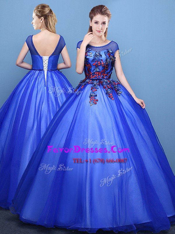 Fine Scoop Cap Sleeves Appliques Lace Up Sweet 16 Quinceanera Dress