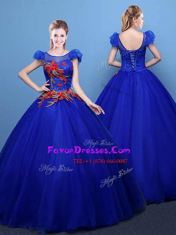  Royal Blue 15 Quinceanera Dress Military Ball and Sweet 16 and Quinceanera and For with Appliques Scoop Short Sleeves Lace Up