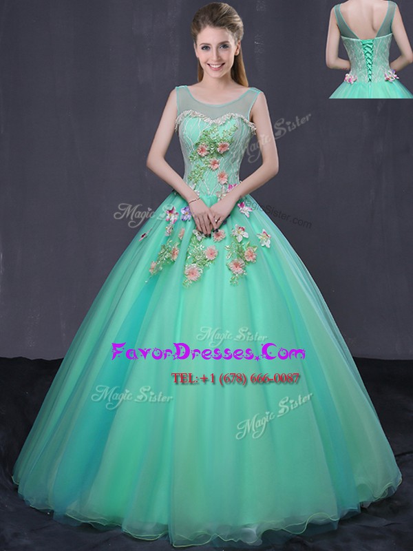 Attractive Scoop Floor Length Lace Up Quinceanera Dress Turquoise for Military Ball and Sweet 16 and Quinceanera with Beading and Appliques