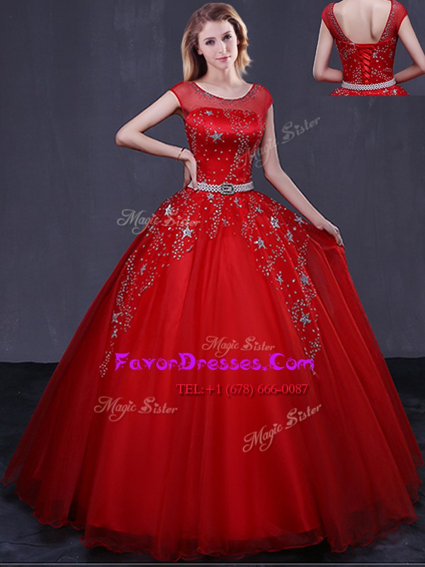  Scoop Beading and Belt 15th Birthday Dress Red Lace Up Cap Sleeves Floor Length