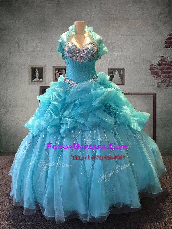  Floor Length Lace Up Quince Ball Gowns Aqua Blue for Military Ball and Sweet 16 and Quinceanera with Beading and Pick Ups