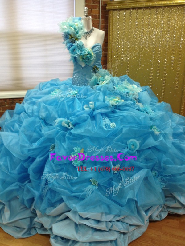 Fashionable Blue Quinceanera Gowns Military Ball and Sweet 16 and Quinceanera and For with Pick Ups and Hand Made Flower One Shoulder Sleeveless Lace Up
