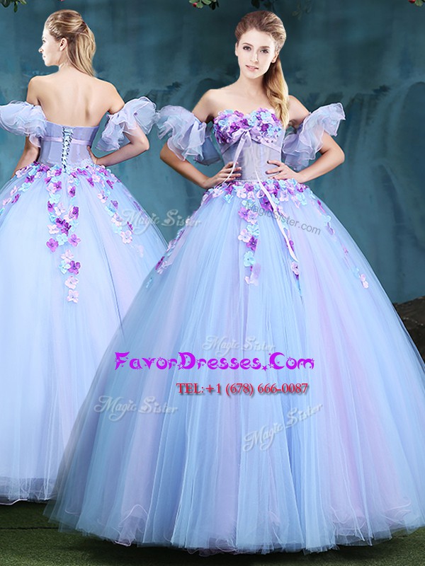  Lavender Sleeveless Appliques Floor Length Quinceanera Dresses