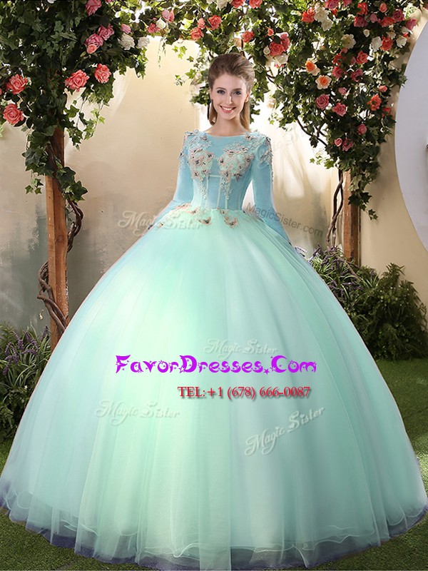 Vintage Scoop Apple Green Tulle Lace Up Quinceanera Dresses Long Sleeves Floor Length Appliques