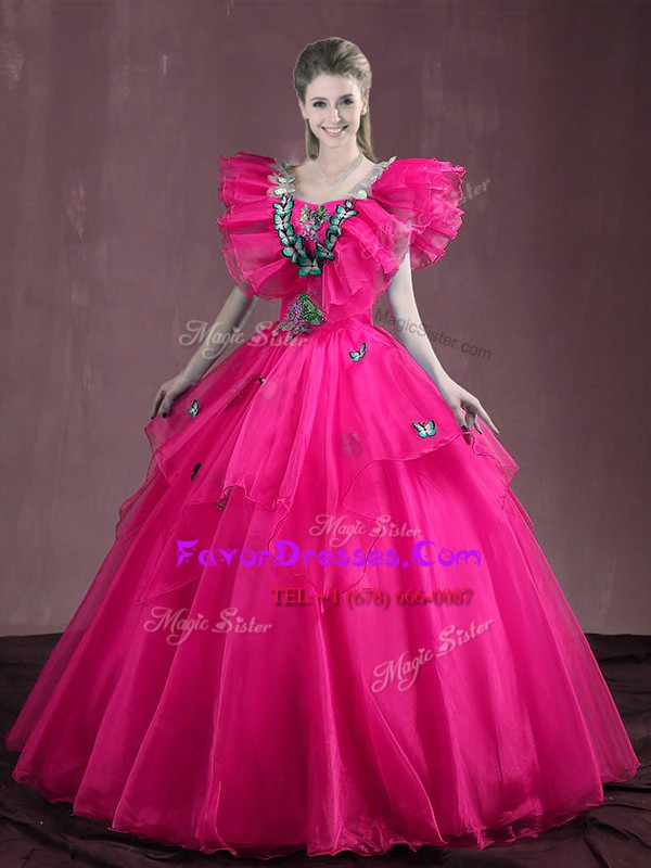 Lovely Sleeveless Organza Floor Length Lace Up Sweet 16 Dresses in Hot Pink with Appliques and Ruffles