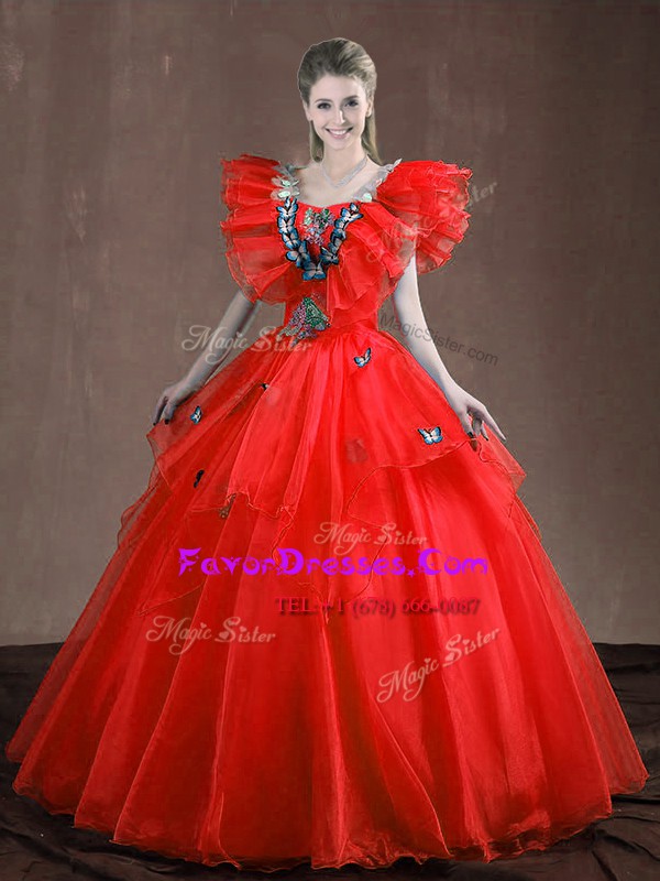  Floor Length Red 15 Quinceanera Dress Organza Sleeveless Appliques and Ruffles
