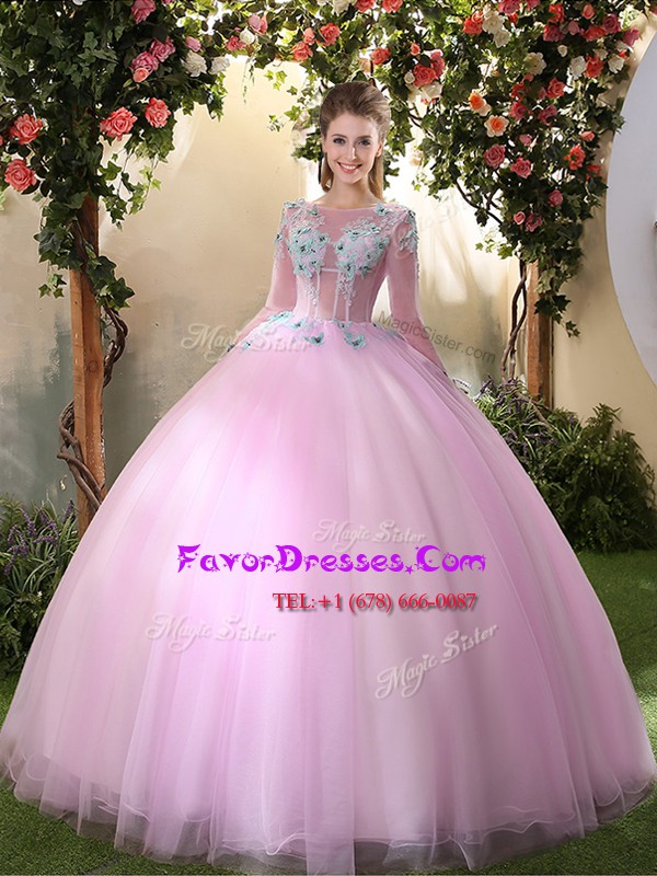 Great Scoop Tulle Long Sleeves Floor Length Quinceanera Dress and Appliques