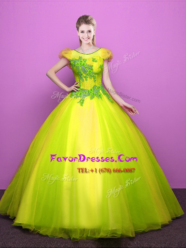 Sophisticated Scoop Short Sleeves Tulle Floor Length Lace Up Quinceanera Dress in Yellow Green with Appliques