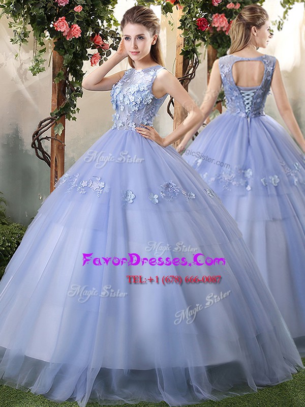 Flirting Bateau Sleeveless Tulle Quinceanera Gowns Appliques Lace Up