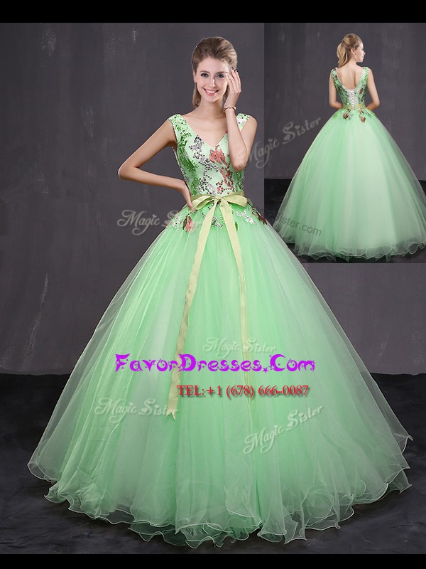 Customized Sleeveless Tulle Floor Length Lace Up Sweet 16 Dresses in Apple Green with Appliques and Belt