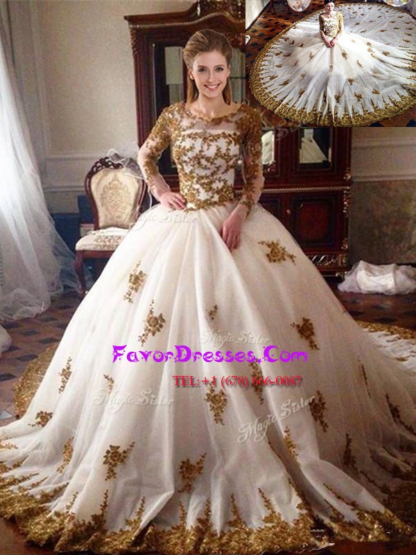  White Ball Gowns Tulle Scoop Long Sleeves Appliques With Train Zipper 15th Birthday Dress Chapel Train