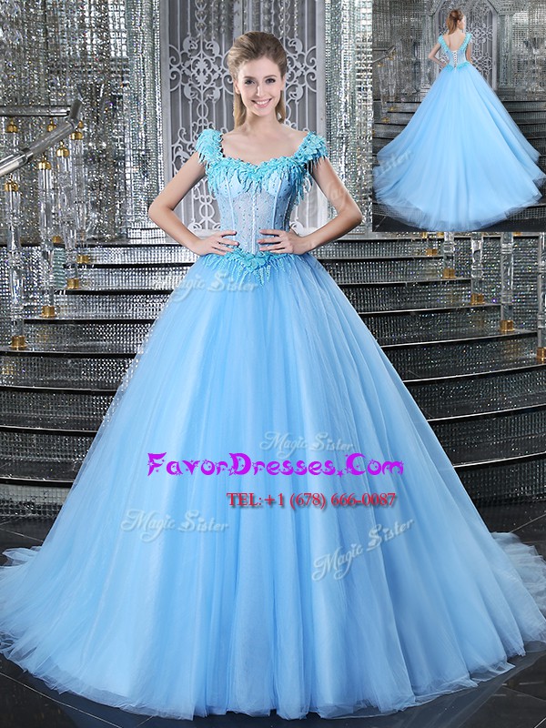  Brush Train Ball Gowns Quinceanera Dresses Light Blue Straps Tulle Sleeveless With Train Lace Up