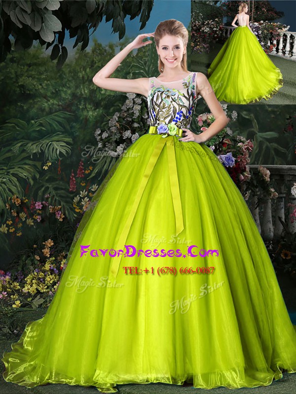 Vintage Scoop Yellow Green Lace Up Quinceanera Dress Beading and Appliques and Belt Sleeveless Court Train