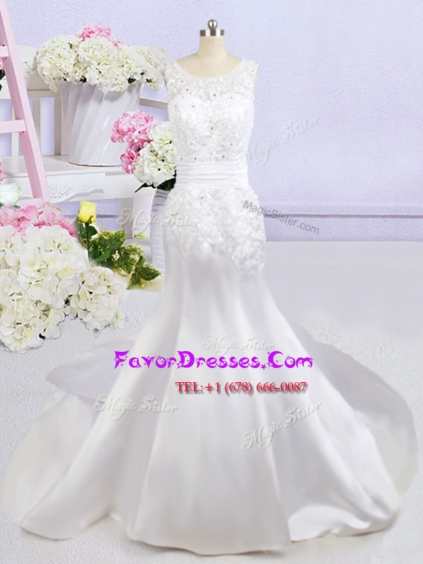 Great Mermaid Scoop White Satin Backless Wedding Gowns Sleeveless Court Train Beading and Lace and Appliques