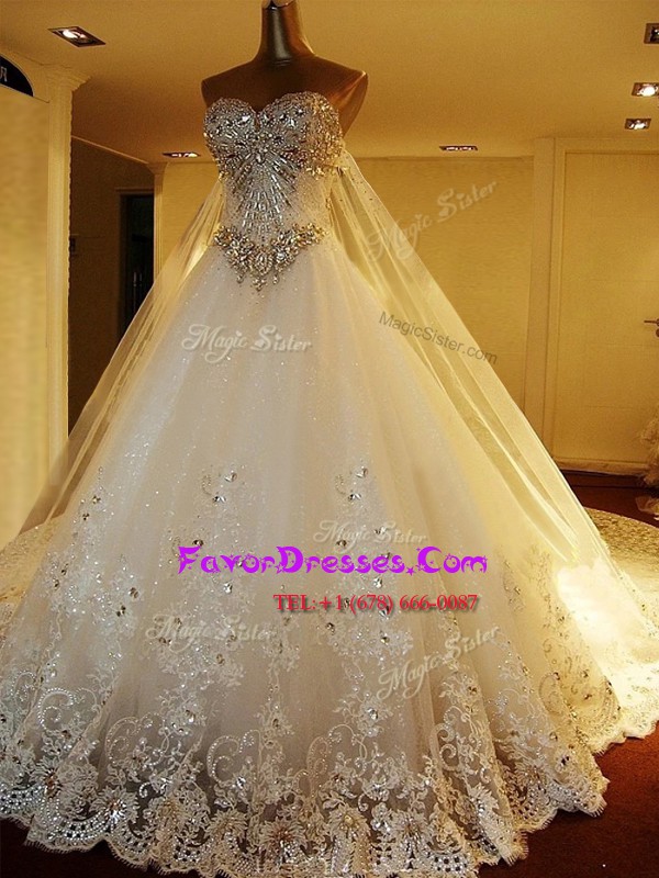  Sleeveless Chapel Train Lace Up With Train Beading and Appliques Wedding Gown