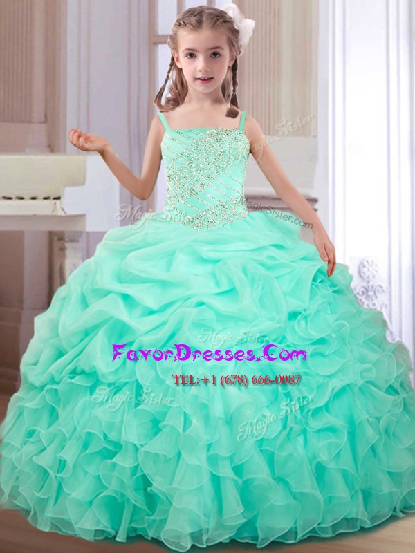 Smart Apple Green Straps Lace Up Beading and Ruffles and Pick Ups Little Girls Pageant Gowns Sleeveless
