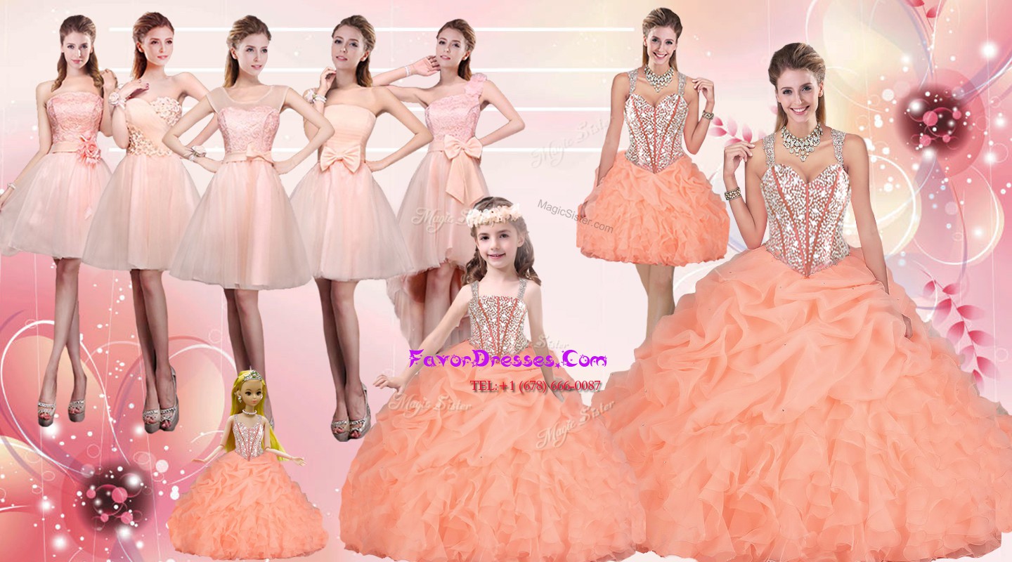 Clearance Ball Gowns Sweet 16 Dresses Orange Straps Organza Sleeveless Floor Length Lace Up