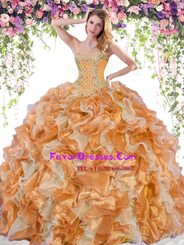 Designer Sweetheart Sleeveless Sweet 16 Quinceanera Dress Floor Length Beading and Ruffles Multi-color Organza