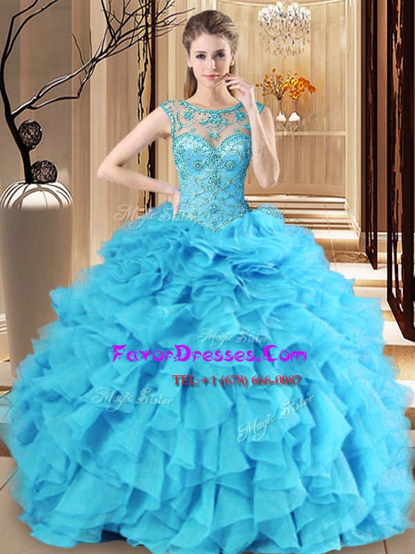  Scoop Floor Length Lace Up Quinceanera Gown Baby Blue for Military Ball and Sweet 16 and Quinceanera with Beading and Ruffles