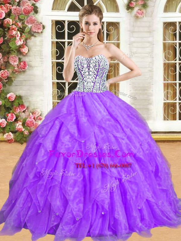 Sweet Sleeveless Organza Floor Length Lace Up Quinceanera Gown in Purple with Beading and Ruffles