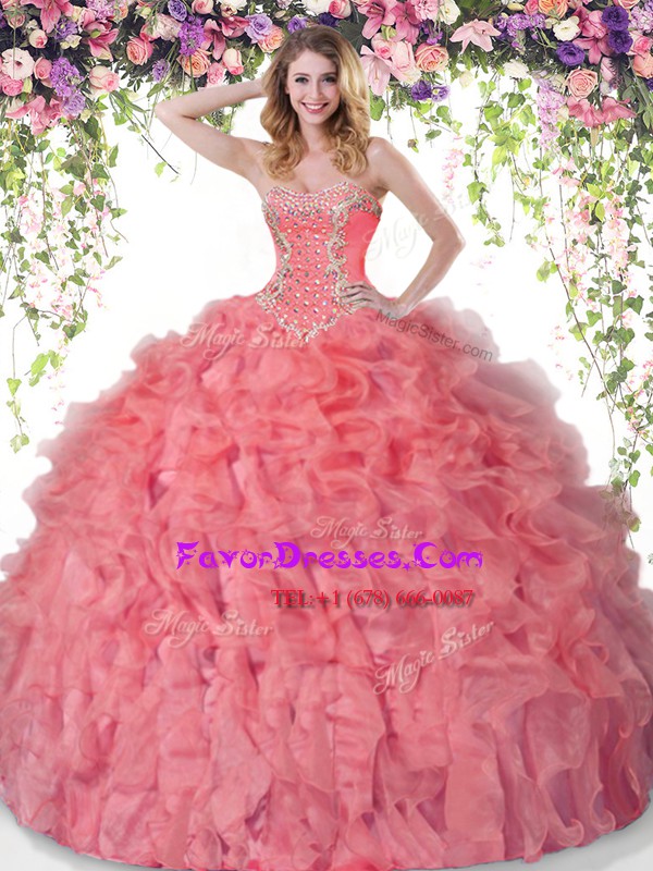  Coral Red Sleeveless Organza Lace Up Quince Ball Gowns for Military Ball and Sweet 16 and Quinceanera