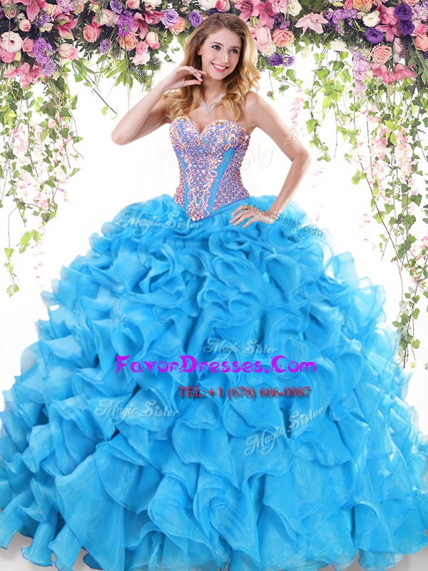 Latest Sleeveless Organza Sweep Train Lace Up 15th Birthday Dress in Baby Blue with Beading and Ruffles