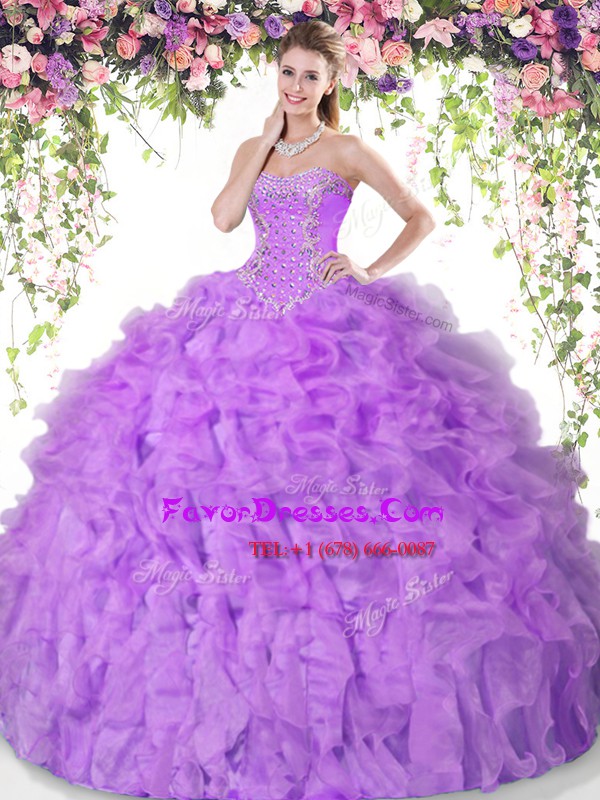 Beauteous Lilac Organza Lace Up Sweetheart Sleeveless Floor Length Sweet 16 Quinceanera Dress Beading and Ruffles