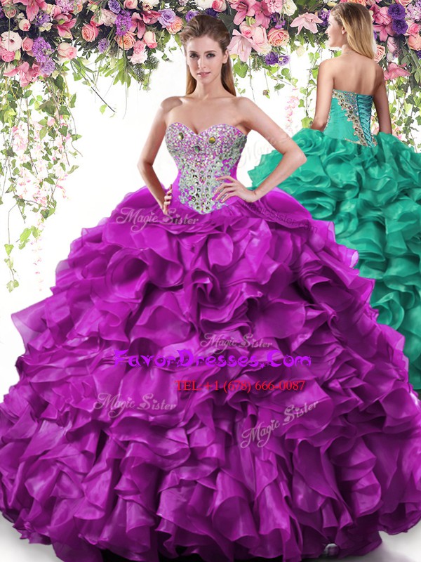 Pretty Purple Sleeveless Organza Lace Up Quinceanera Gown for Military Ball and Sweet 16 and Quinceanera