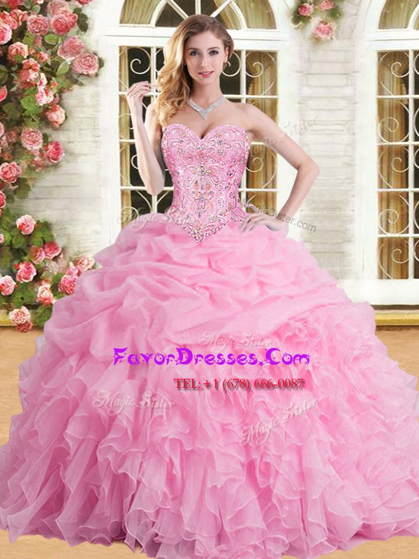 Edgy Rose Pink Sweetheart Neckline Appliques and Ruffles and Pick Ups Sweet 16 Quinceanera Dress Sleeveless Lace Up