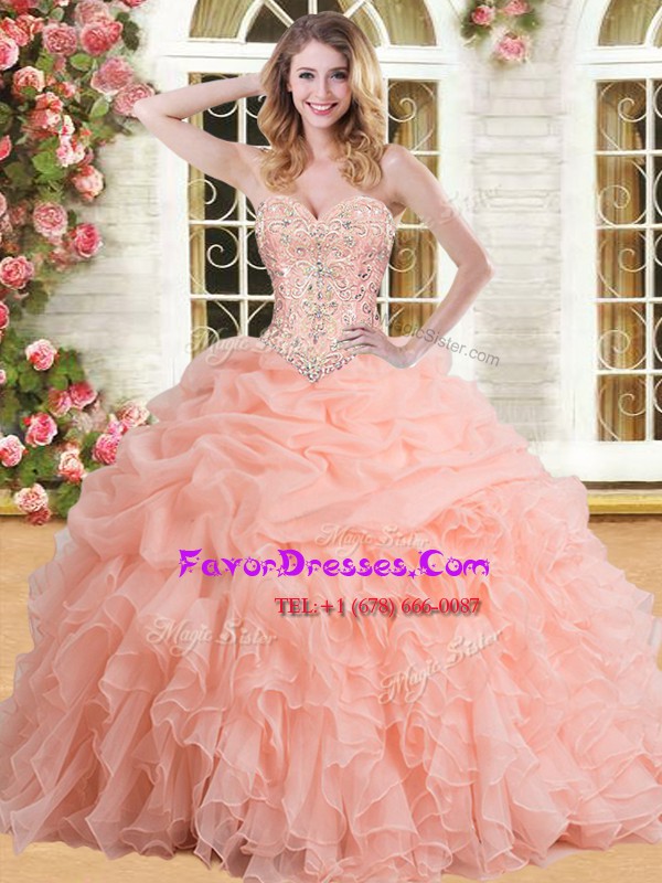 Customized Peach Sweetheart Neckline Beading and Appliques and Ruffles and Pick Ups Vestidos de Quinceanera Sleeveless Lace Up
