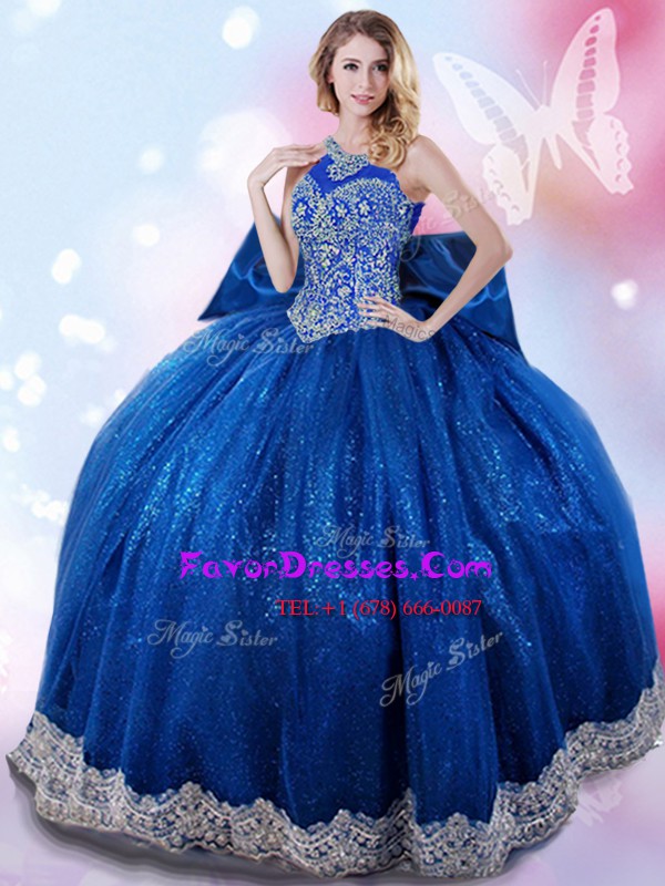 Custom Design Royal Blue Halter Top Lace Up Beading and Bowknot Sweet 16 Dresses Sleeveless