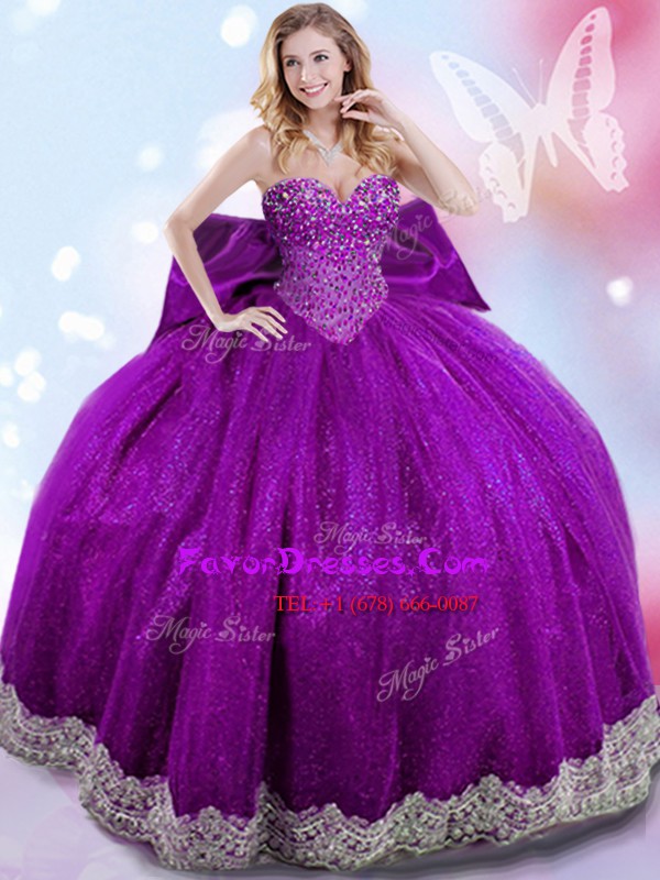 Classical Floor Length Lace Up Sweet 16 Dress Eggplant Purple for Military Ball and Sweet 16 and Quinceanera with Beading and Lace and Bowknot