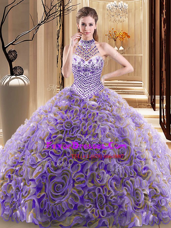 Admirable Multi-color Ball Gown Prom Dress Military Ball and Sweet 16 and Quinceanera and For with Beading Halter Top Sleeveless Brush Train Lace Up