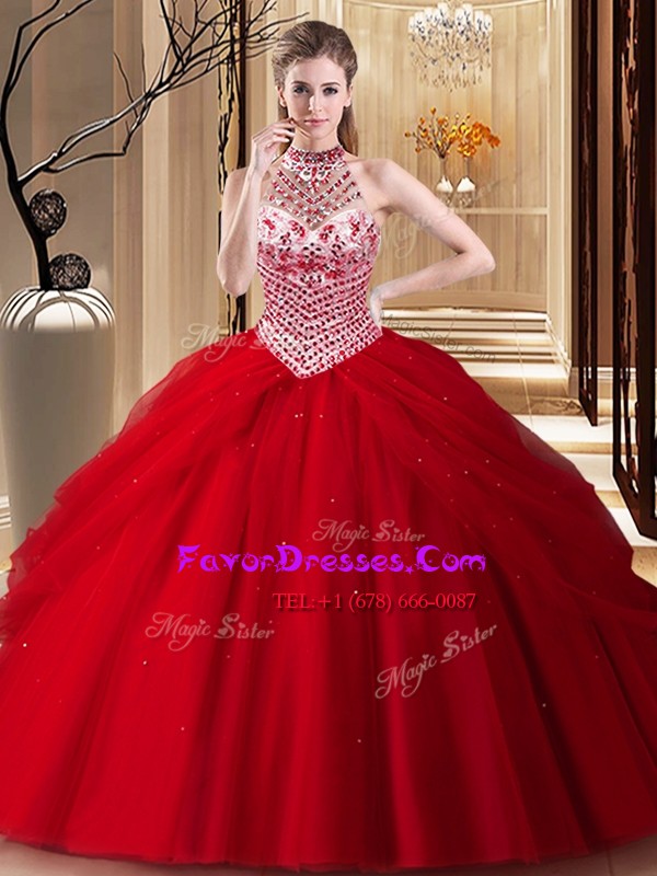  Halter Top Red Sleeveless With Train Beading and Pick Ups Lace Up Ball Gown Prom Dress