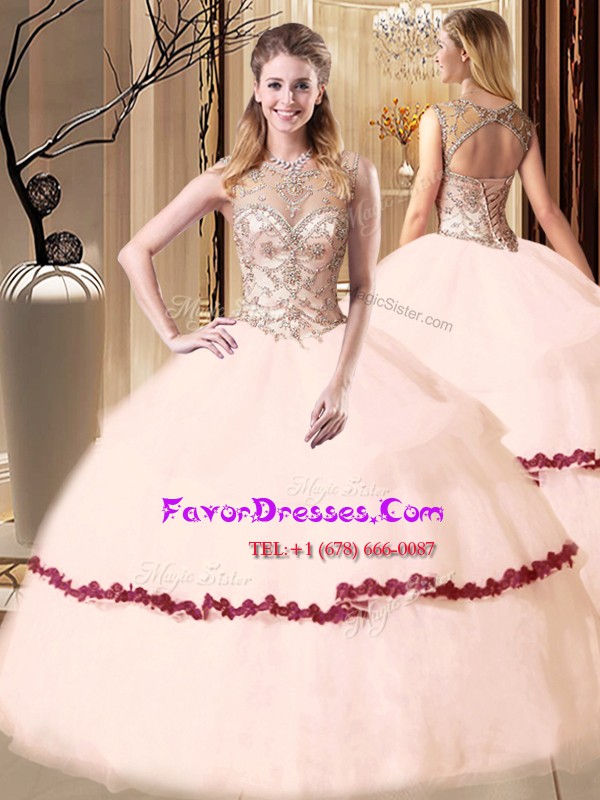 Fashion Peach Ball Gowns Scoop Sleeveless Tulle Floor Length Lace Up Beading and Appliques 15 Quinceanera Dress
