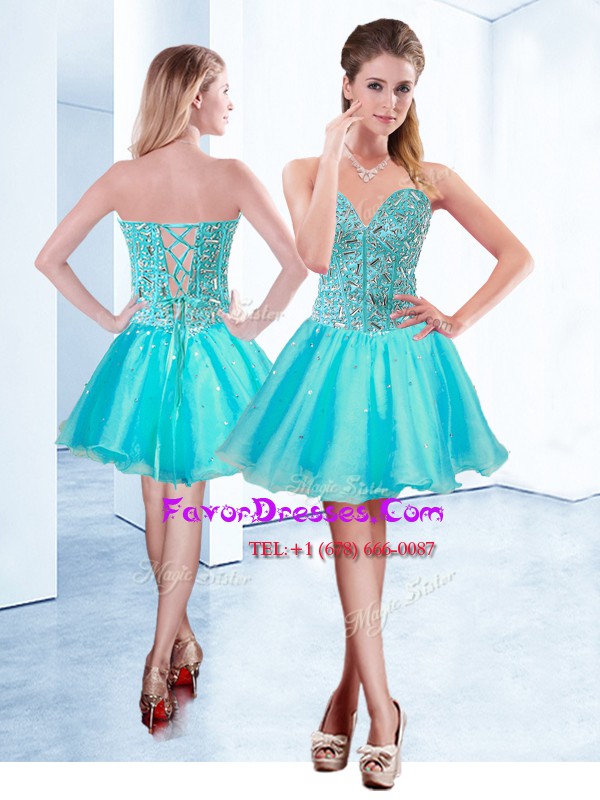 Elegant Aqua Blue Sleeveless Beading Mini Length Prom Dresses