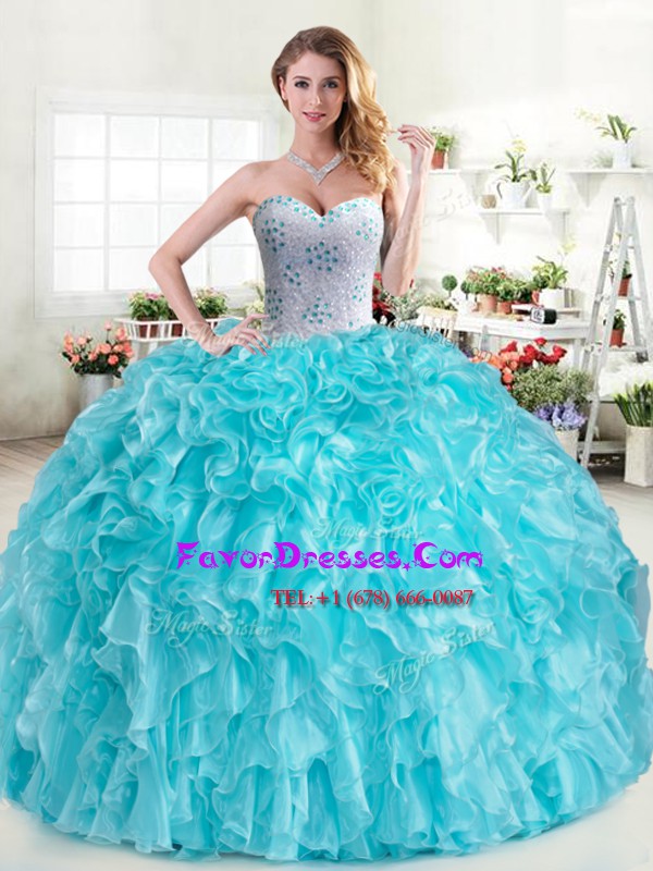 Luxurious Aqua Blue Lace Up Sweetheart Beading and Ruffles Quinceanera Gown Organza Sleeveless