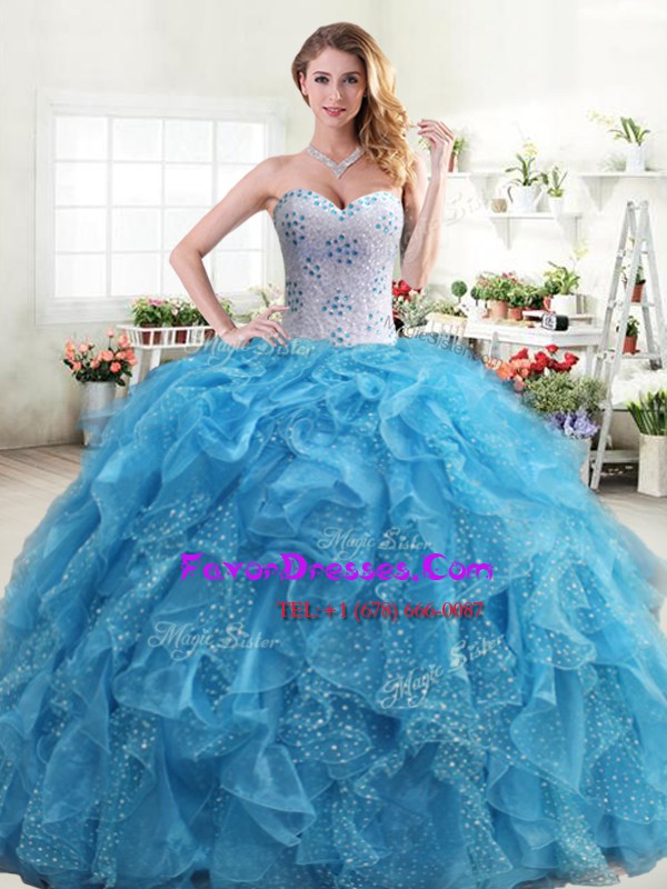 Eye-catching Baby Blue Organza Lace Up Sweetheart Sleeveless Floor Length Quinceanera Dresses Beading and Ruffles