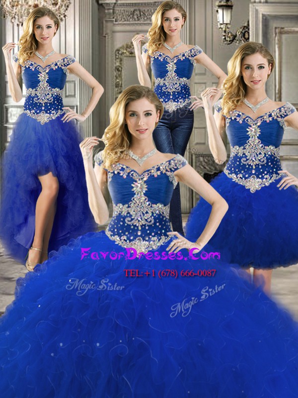  Three Piece Off the Shoulder Royal Blue Zipper Sweet 16 Quinceanera Dress Beading and Ruffles Sleeveless Floor Length