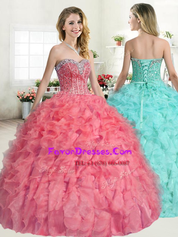 Most Popular Organza Sweetheart Sleeveless Lace Up Beading and Ruffles Vestidos de Quinceanera in Watermelon Red