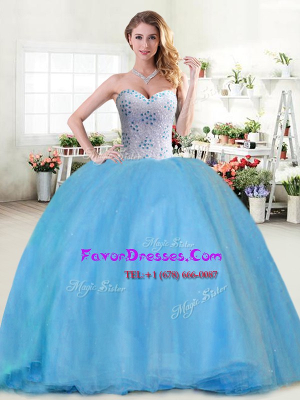 Flare Sleeveless Floor Length Beading Lace Up Quinceanera Gowns with Baby Blue