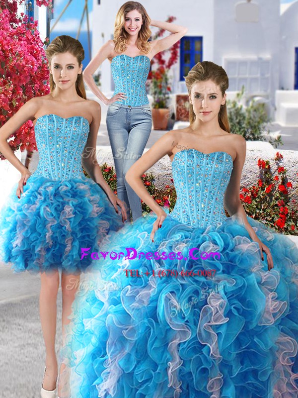  Three Piece Floor Length Lace Up Sweet 16 Quinceanera Dress White and Baby Blue for Military Ball and Sweet 16 and Quinceanera with Beading