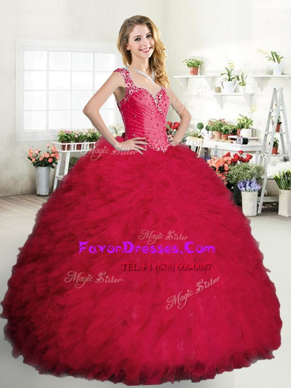 Floor Length Coral Red Quince Ball Gowns Straps Sleeveless Zipper