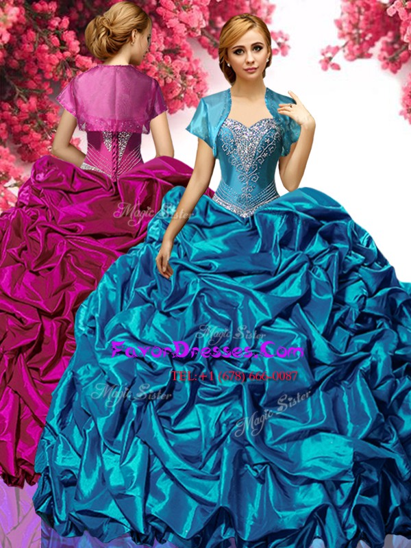 Custom Designed Sweep Train Ball Gowns Quince Ball Gowns Aqua Blue Sweetheart Taffeta Sleeveless With Train Lace Up