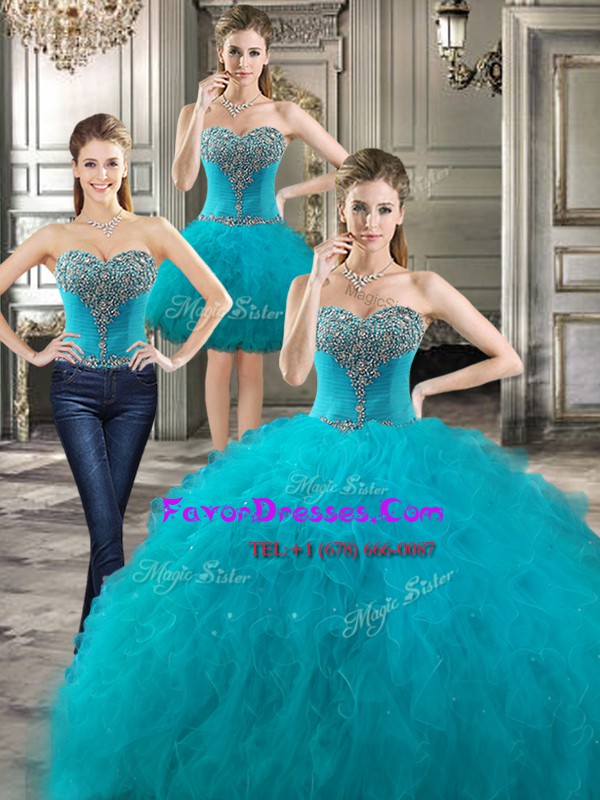 New Arrival Three Piece Teal Sleeveless Tulle Lace Up 15 Quinceanera Dress for Military Ball and Sweet 16 and Quinceanera