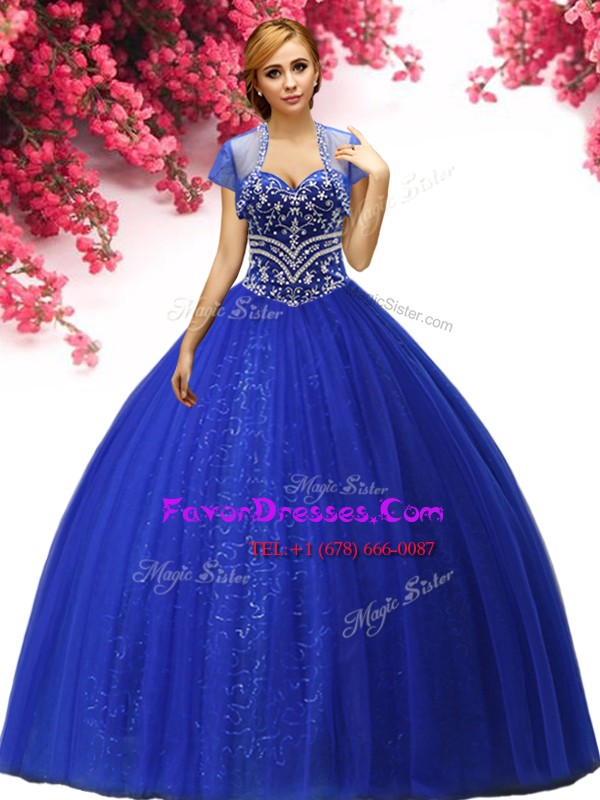 Attractive Floor Length Lace Up 15 Quinceanera Dress Royal Blue for Military Ball and Sweet 16 and Quinceanera with Beading