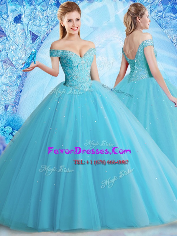 Fashion Aqua Blue Off The Shoulder Neckline Beading and Lace Quinceanera Gown Sleeveless Lace Up