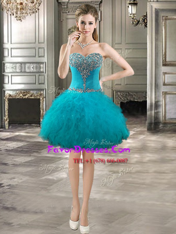 Lovely Teal Sleeveless Beading and Ruffles Mini Length Prom Evening Gown