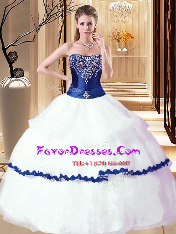 Fine White and Royal Blue Ball Gowns Organza Strapless Sleeveless Beading and Ruffled Layers Floor Length Lace Up Ball Gown Prom Dress